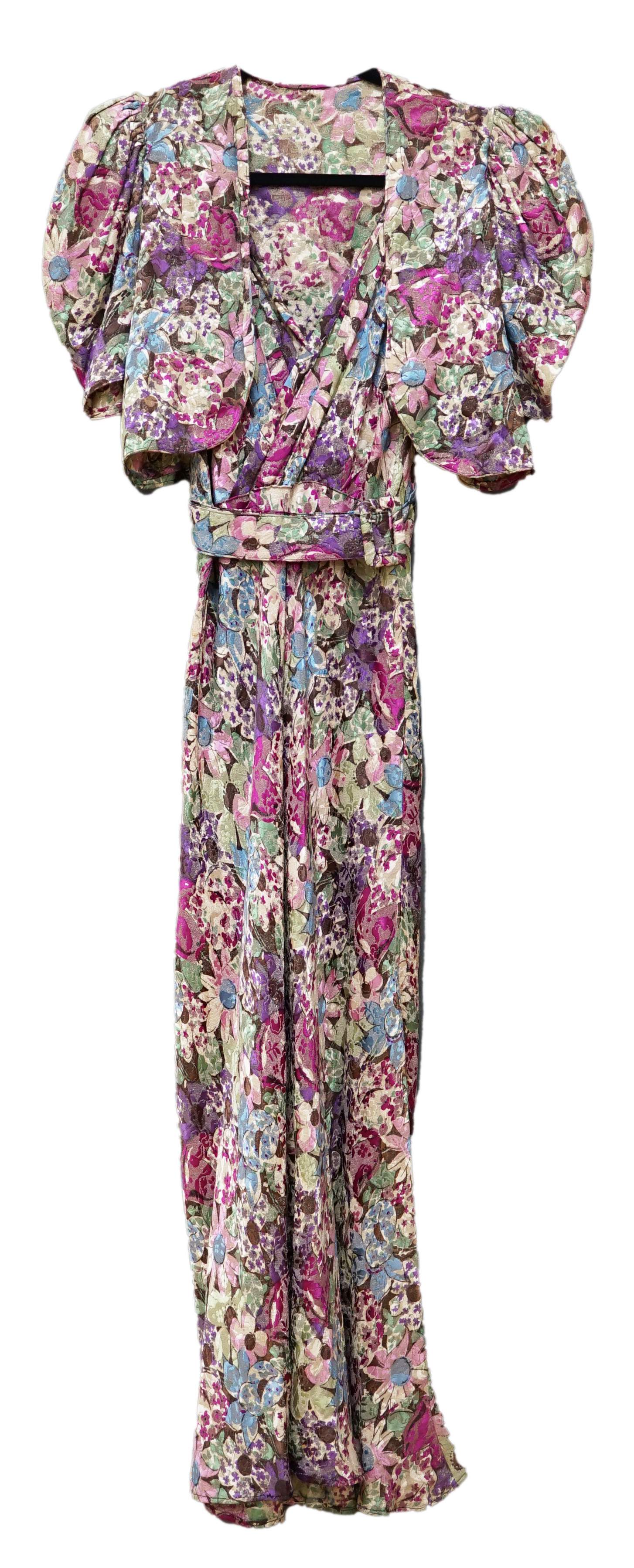 An early 1940’s floral lurex evening dress and bolero, handmade brightly coloured floral lurex, bias cut, with a cross over plunging bodice, half belt and matching bolero, 40cm front bodice arm to arm. Condition - the co